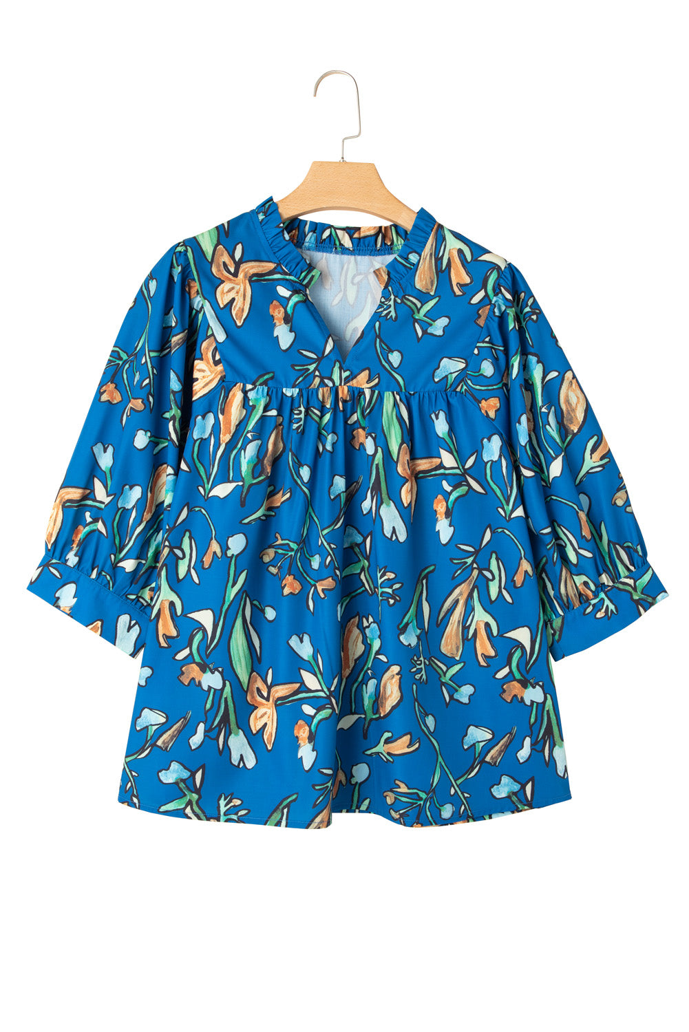 Blue Floral Notched V Neck Half Sleeve Plus Size Blouse - Plus Size Tops