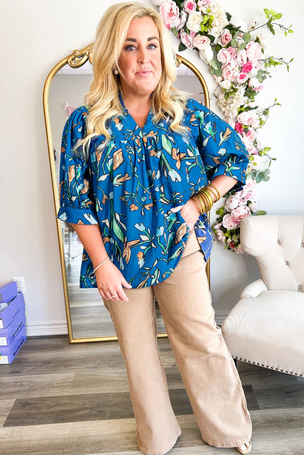 Blue Floral Notched V Neck Half Sleeve Plus Size Blouse - Plus Size Tops