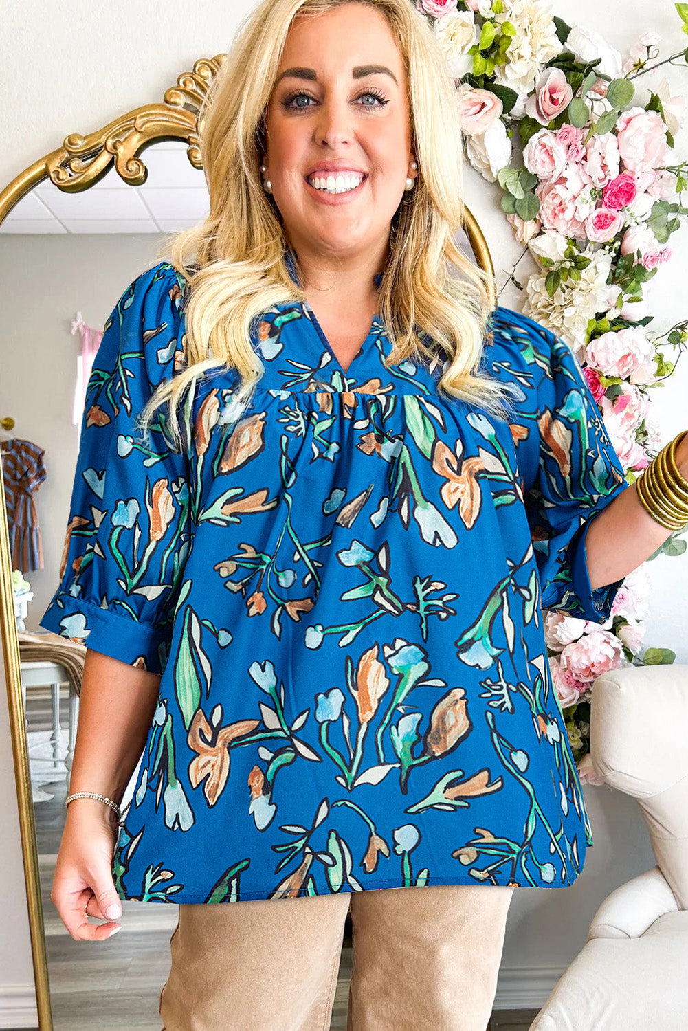 Blue Floral Notched V Neck Half Sleeve Plus Size Blouse - Plus Size Tops