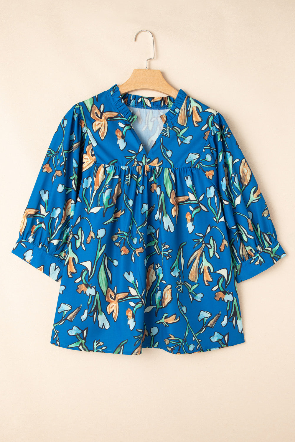 Blue Floral Notched V Neck Half Sleeve Plus Size Blouse - Plus Size Tops