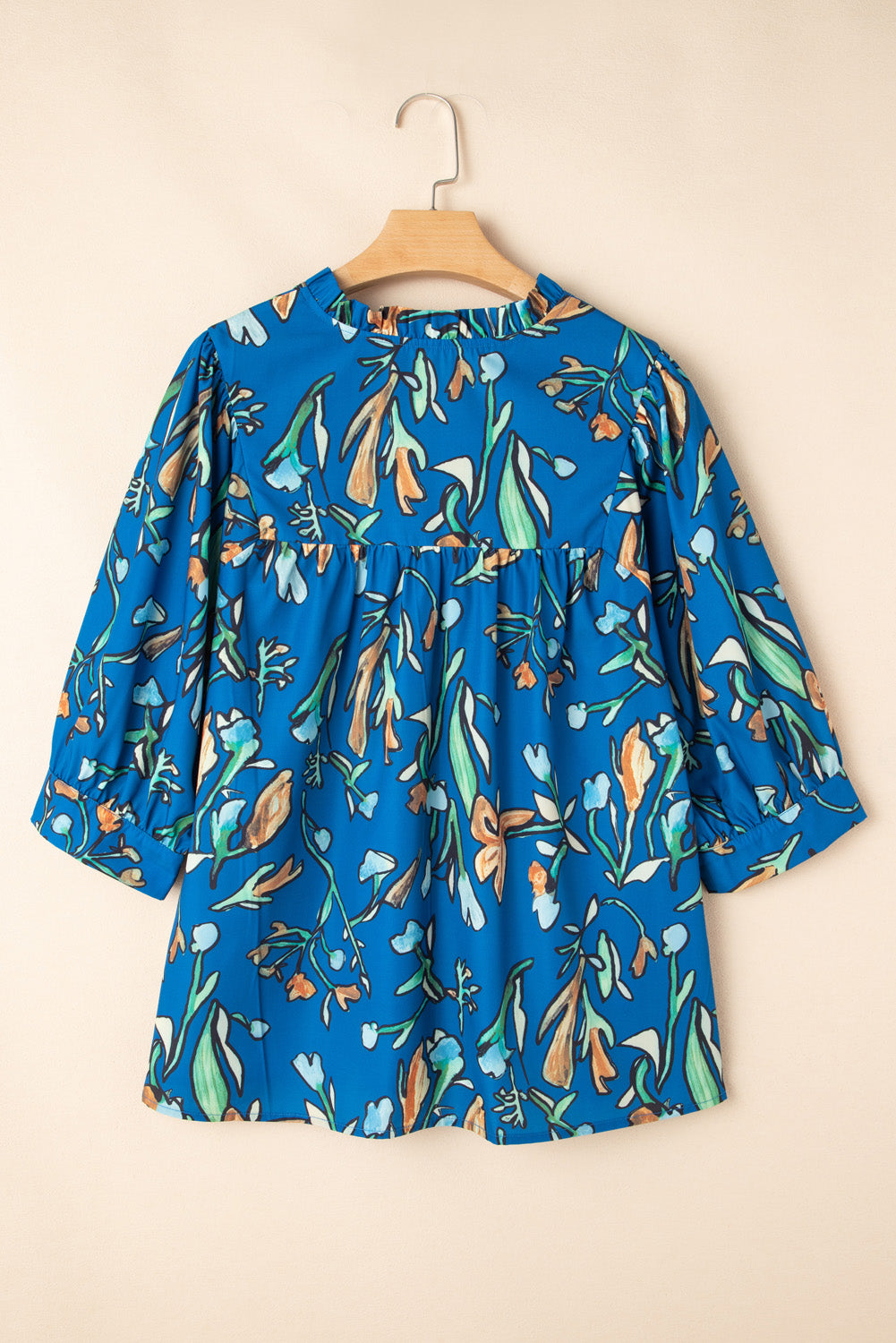 Blue Floral Notched V Neck Half Sleeve Plus Size Blouse - Plus Size Tops