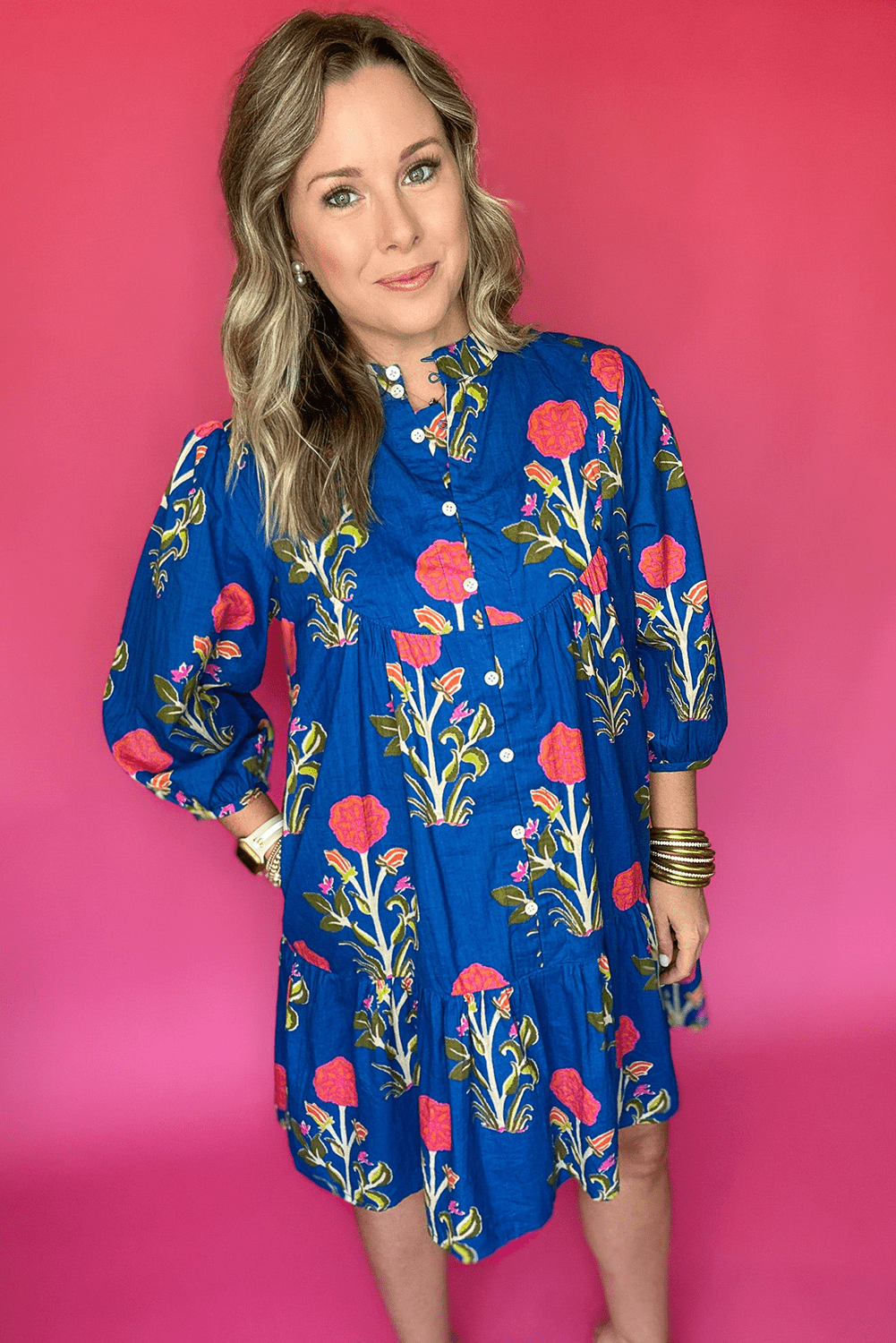 Blue Floral Print Button Front 3/4 Puff Sleeve Ruffle Hem Dress - MAD RUFFI