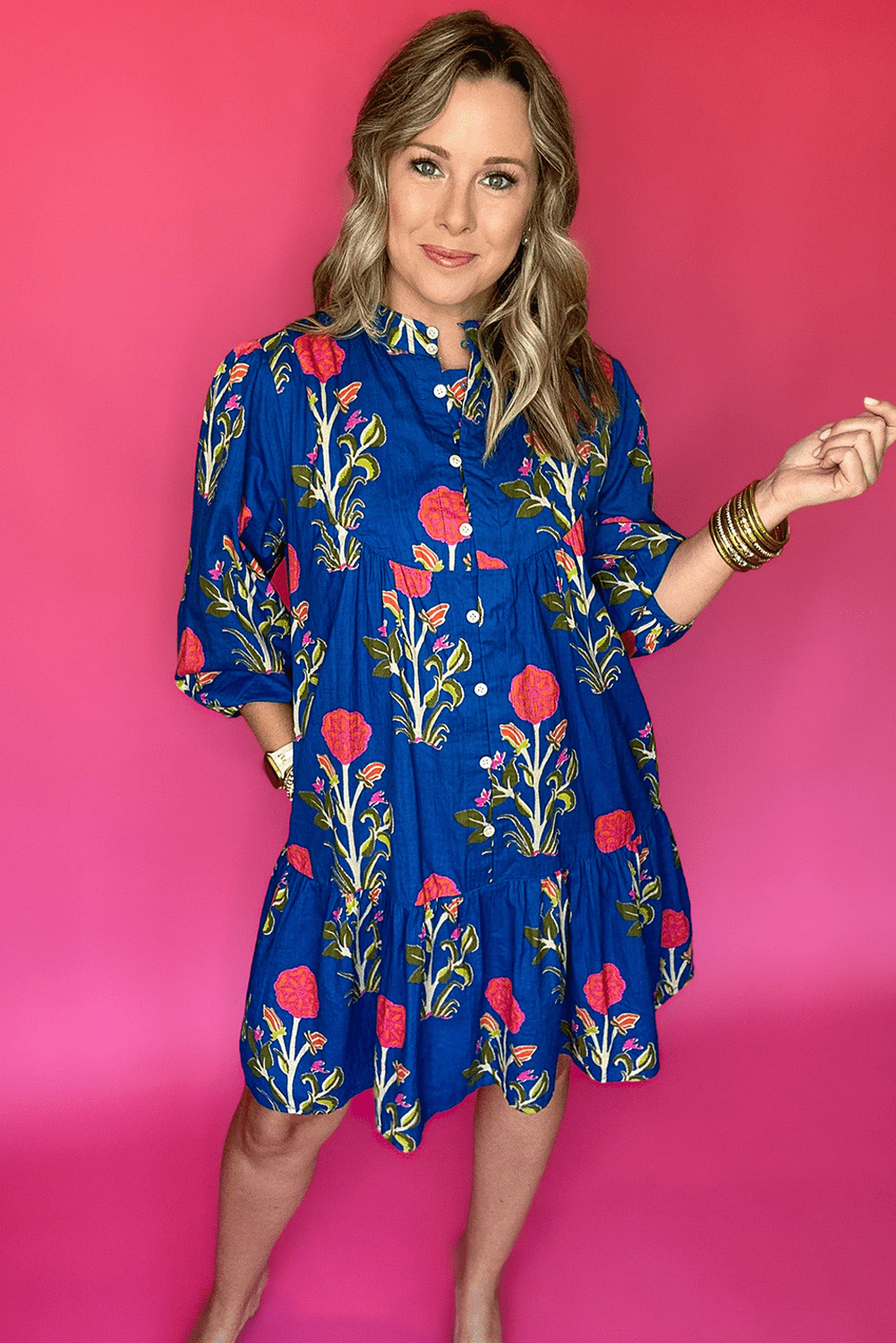 Blue Floral Print Button Front 3/4 Puff Sleeve Ruffle Hem Dress - MAD RUFFI