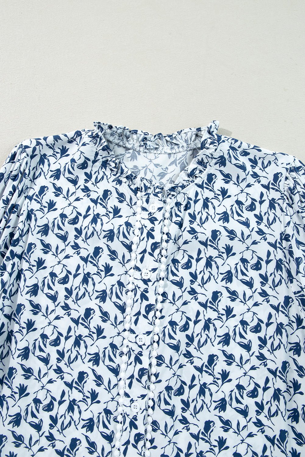 Blue Floral Print Lace Detail Puff Sleeve Fall Shirt - MAD RUFFI