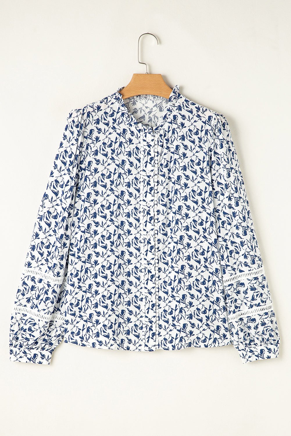 Blue Floral Print Lace Detail Puff Sleeve Fall Shirt - MAD RUFFI