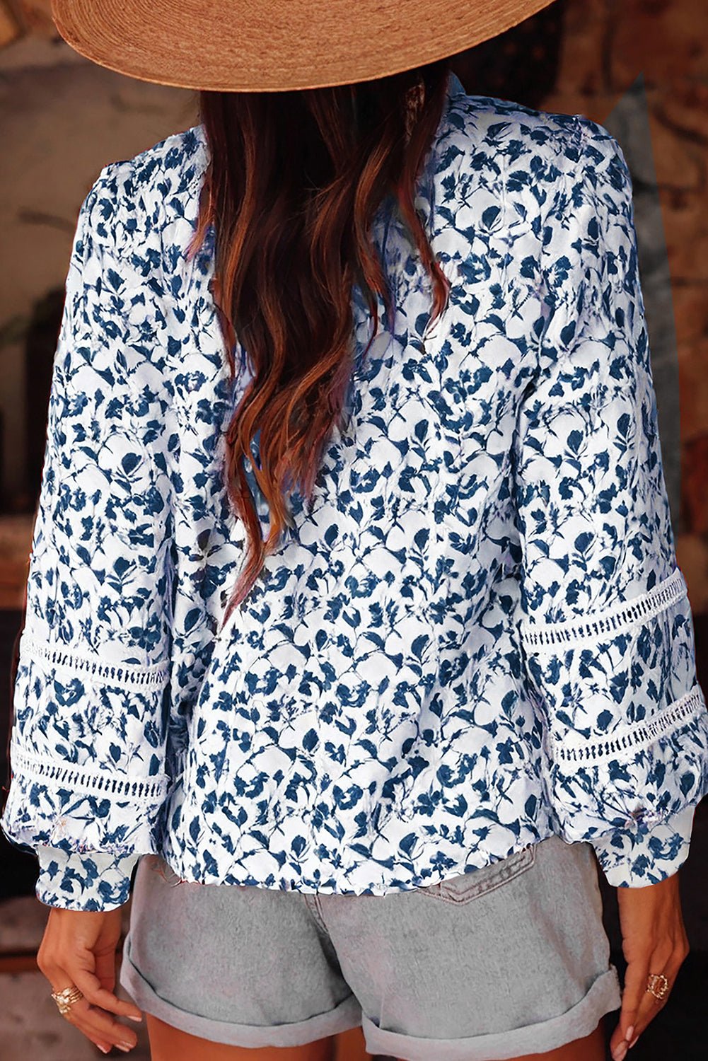Blue Floral Print Lace Detail Puff Sleeve Fall Shirt - MAD RUFFI