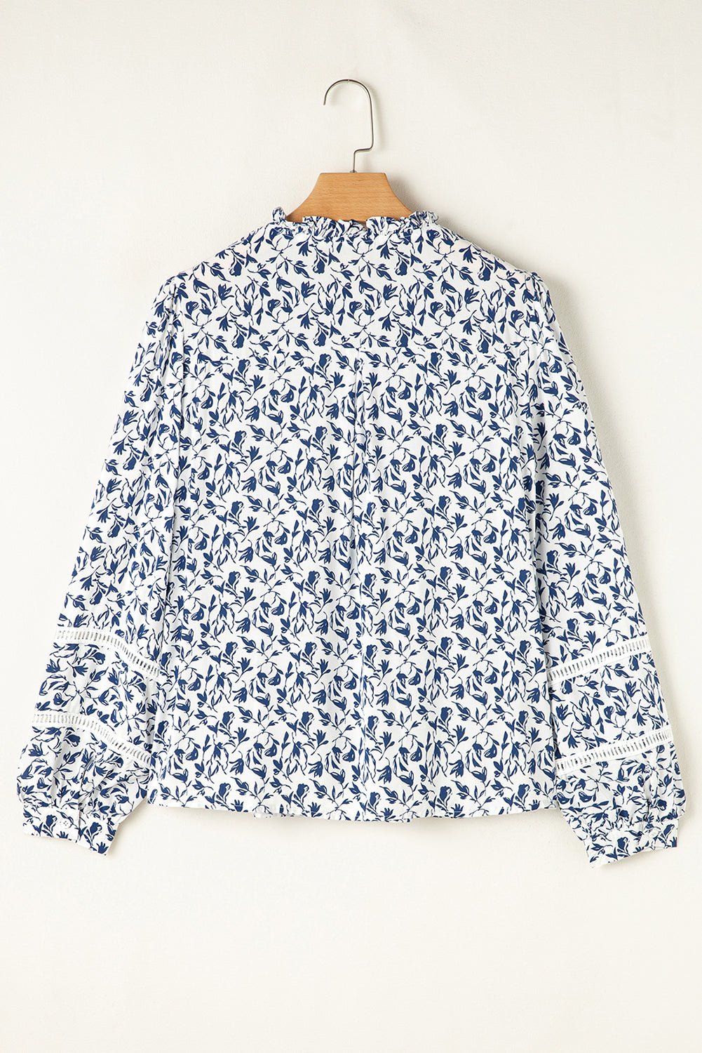 Blue Floral Print Lace Detail Puff Sleeve Fall Shirt - MAD RUFFI