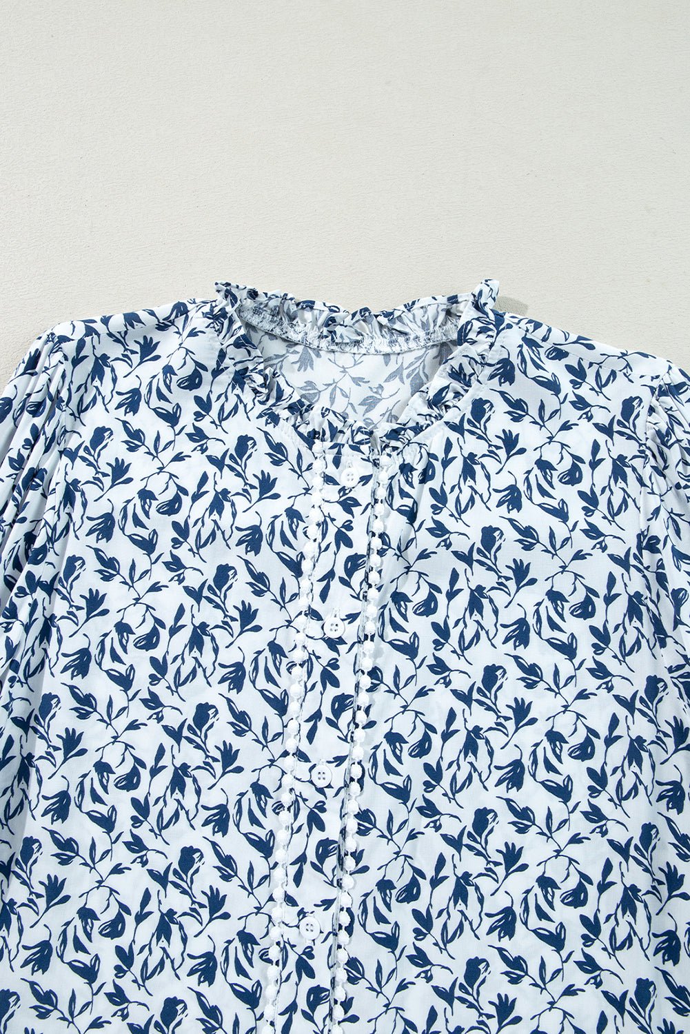 Blue Floral Print Lace Detail Puff Sleeve Fall Shirt - MAD RUFFI