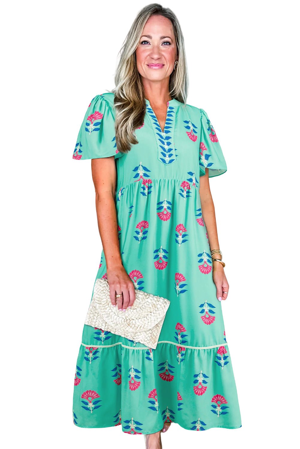 Blue Floral Print Notched Neck Flounce Sleeve Maxi Dress - MAD RUFFI