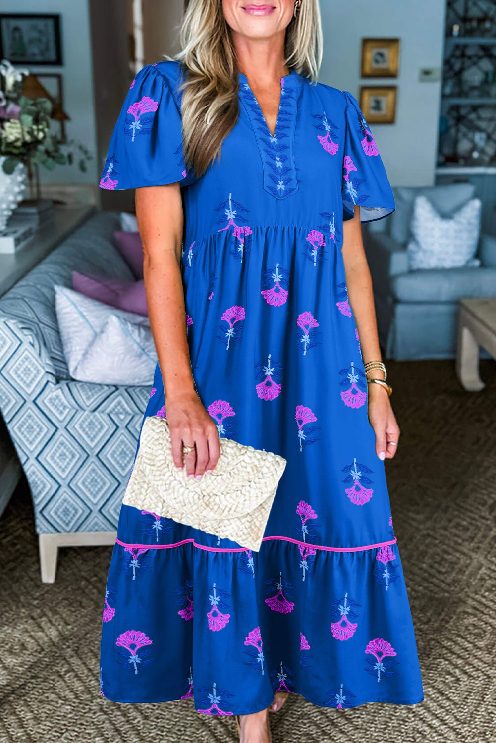 Blue Floral Print Notched Neck Flounce Sleeve Maxi Dress - MAD RUFFI