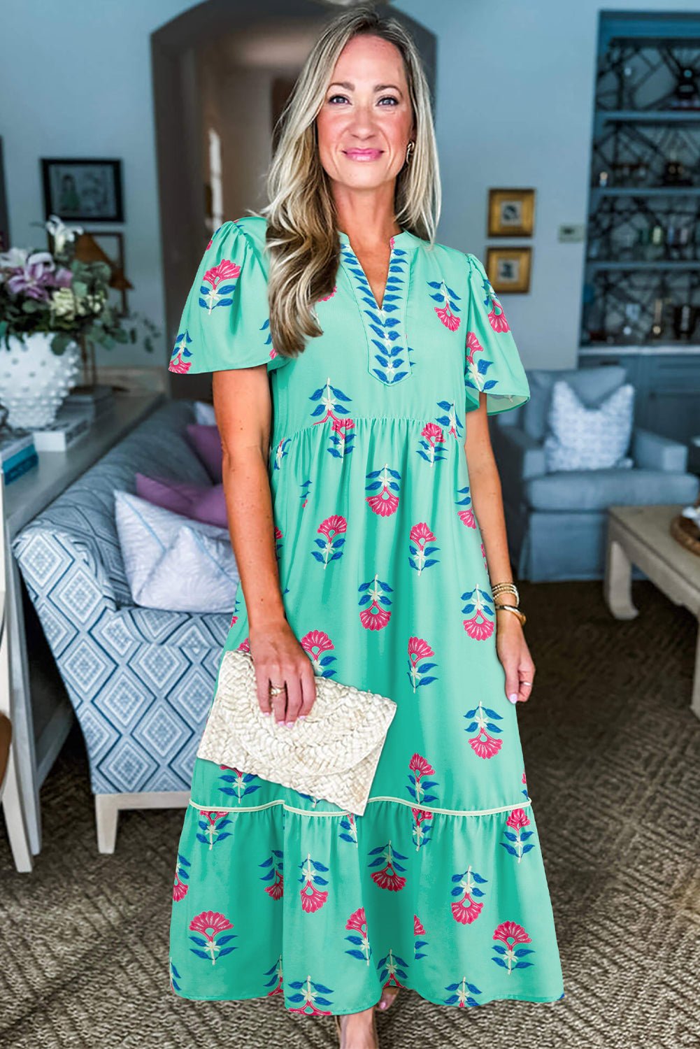 Blue Floral Print Notched Neck Flounce Sleeve Maxi Dress - MAD RUFFI