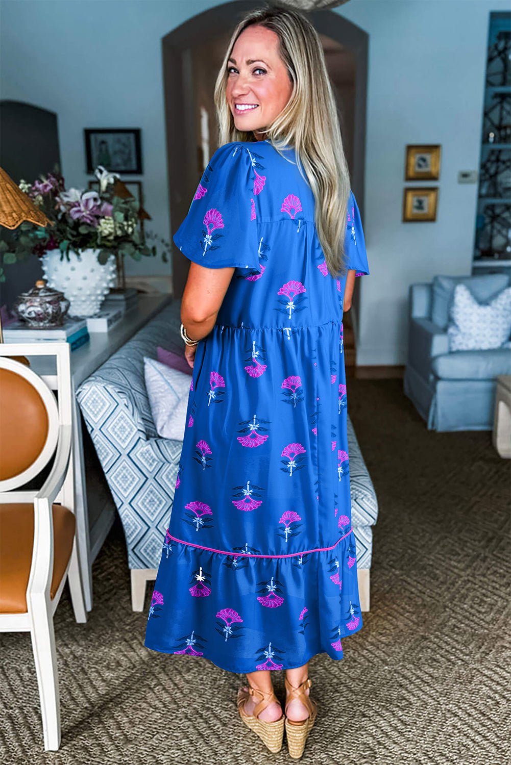 Blue Floral Print Notched Neck Flounce Sleeve Maxi Dress - MAD RUFFI