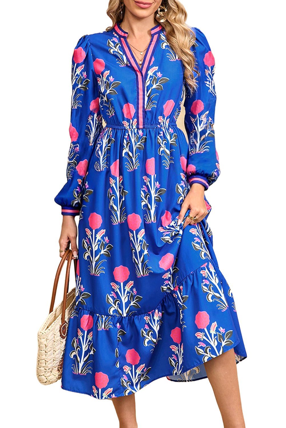 Blue Floral Print Pop of Color Neckline Long Sleeve Midi Dress - MAD RUFFI