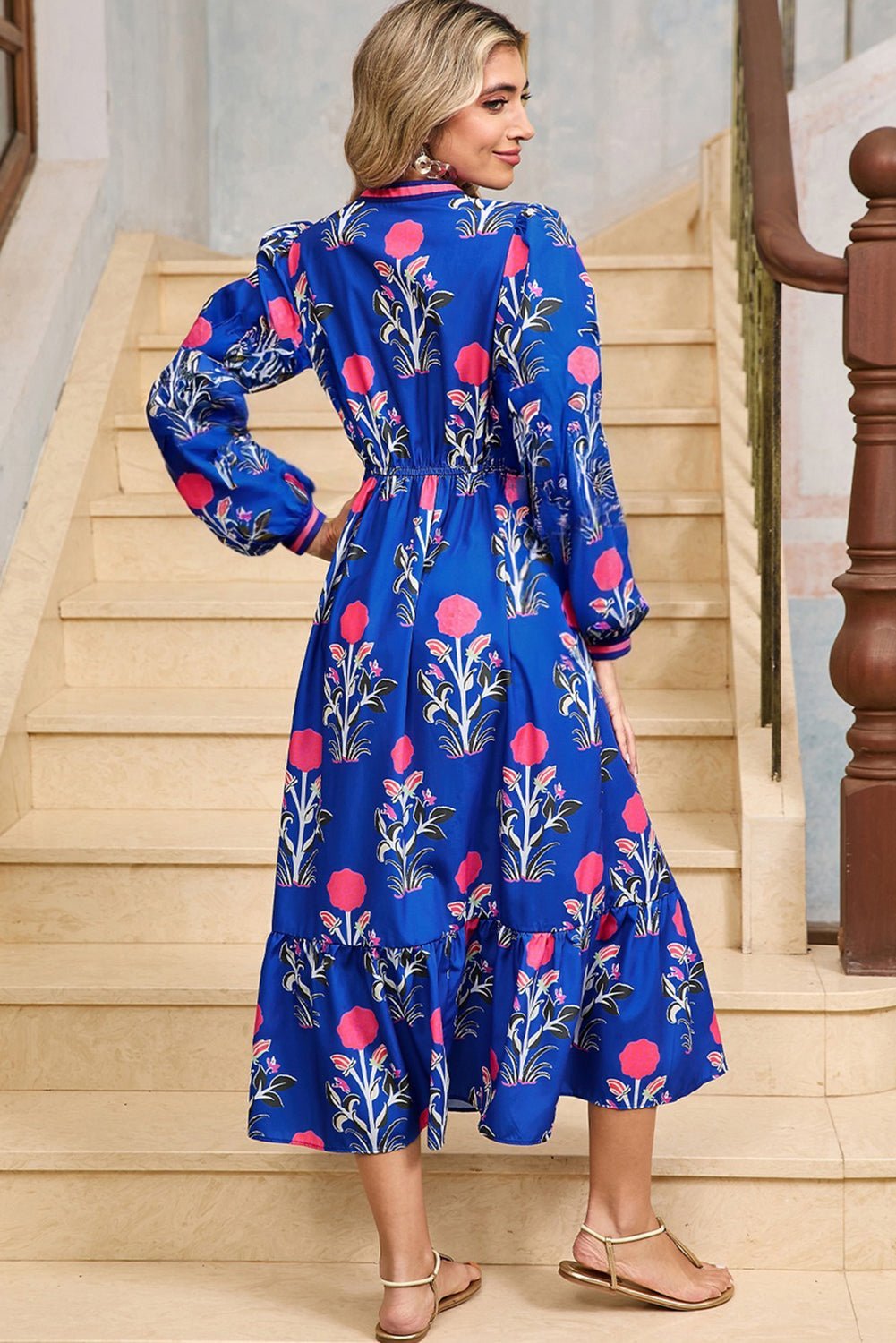 Blue Floral Print Pop of Color Neckline Long Sleeve Midi Dress - MAD RUFFI