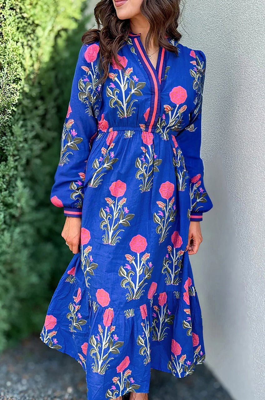 Blue Floral Print Pop of Color Neckline Long Sleeve Midi Dress - MAD RUFFI