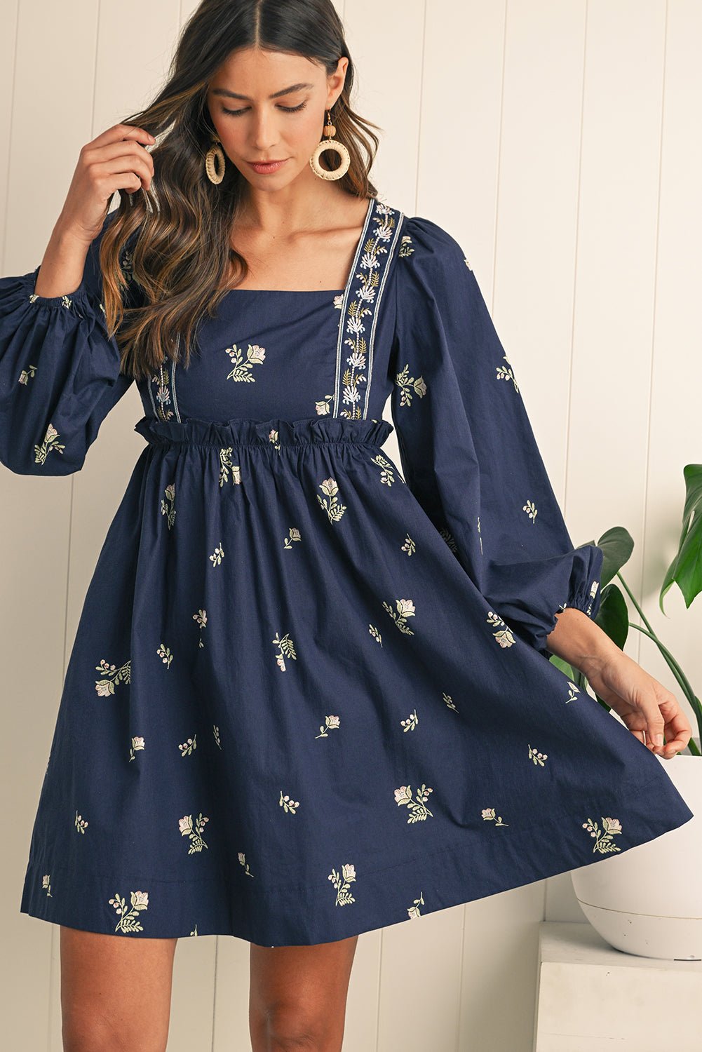 Blue Floral Print Puff Sleeve Babydoll Dress - MAD RUFFI