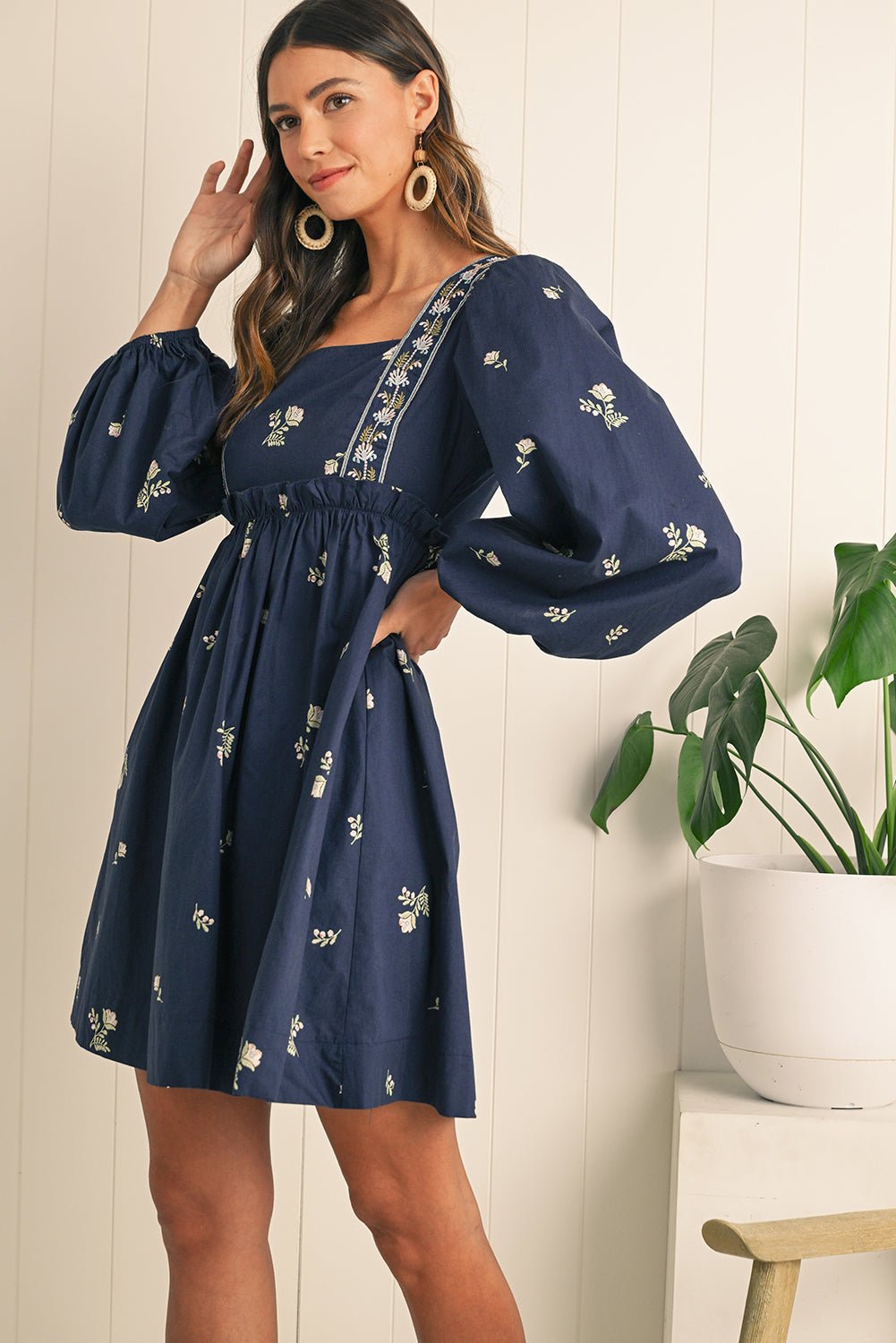 Blue Floral Print Puff Sleeve Babydoll Dress - MAD RUFFI