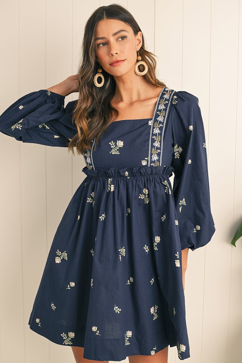 Blue Floral Print Puff Sleeve Babydoll Dress - MAD RUFFI