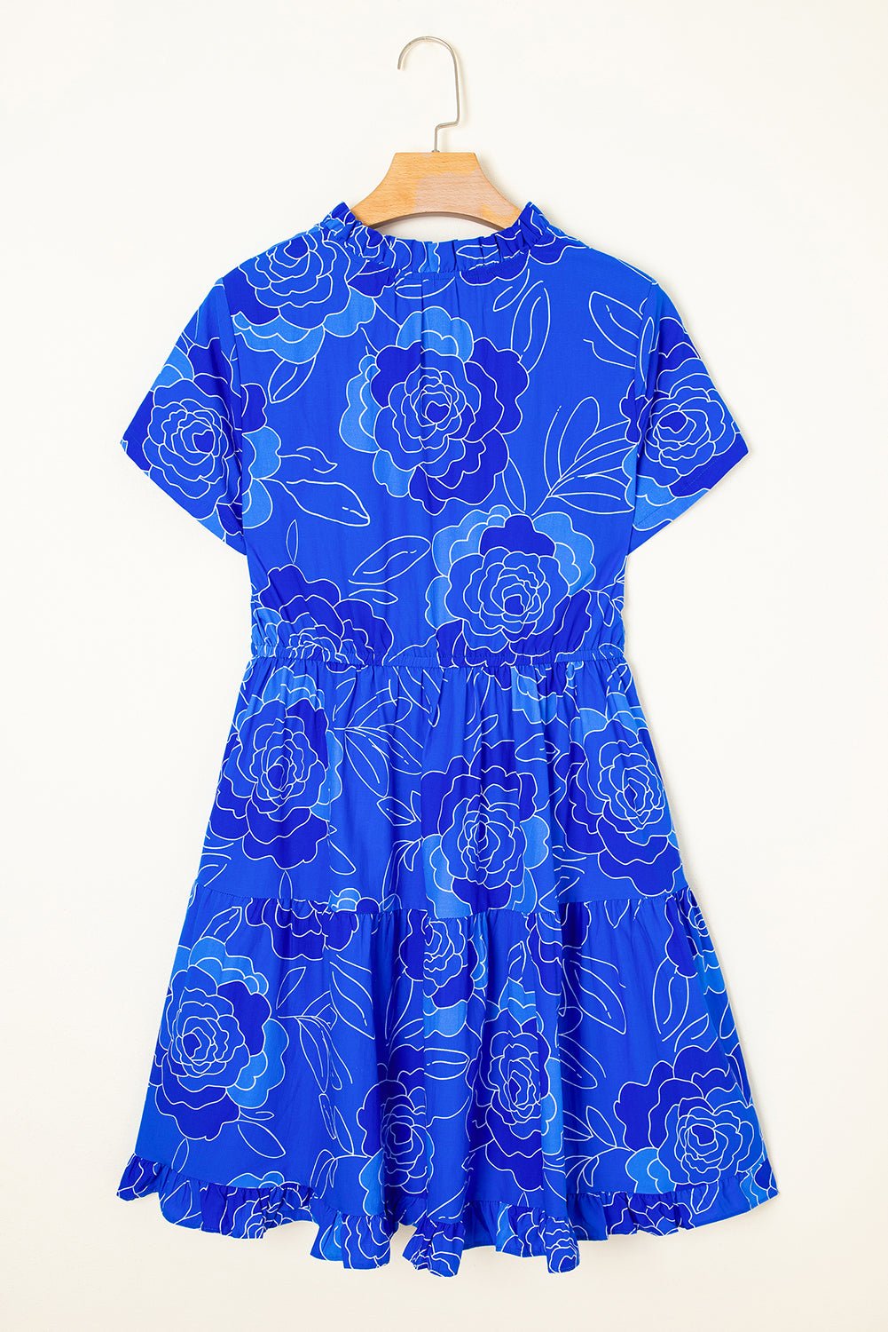 Blue Floral Print Ruffle Hem V Neck Flowy Mini Dress - MAD RUFFI