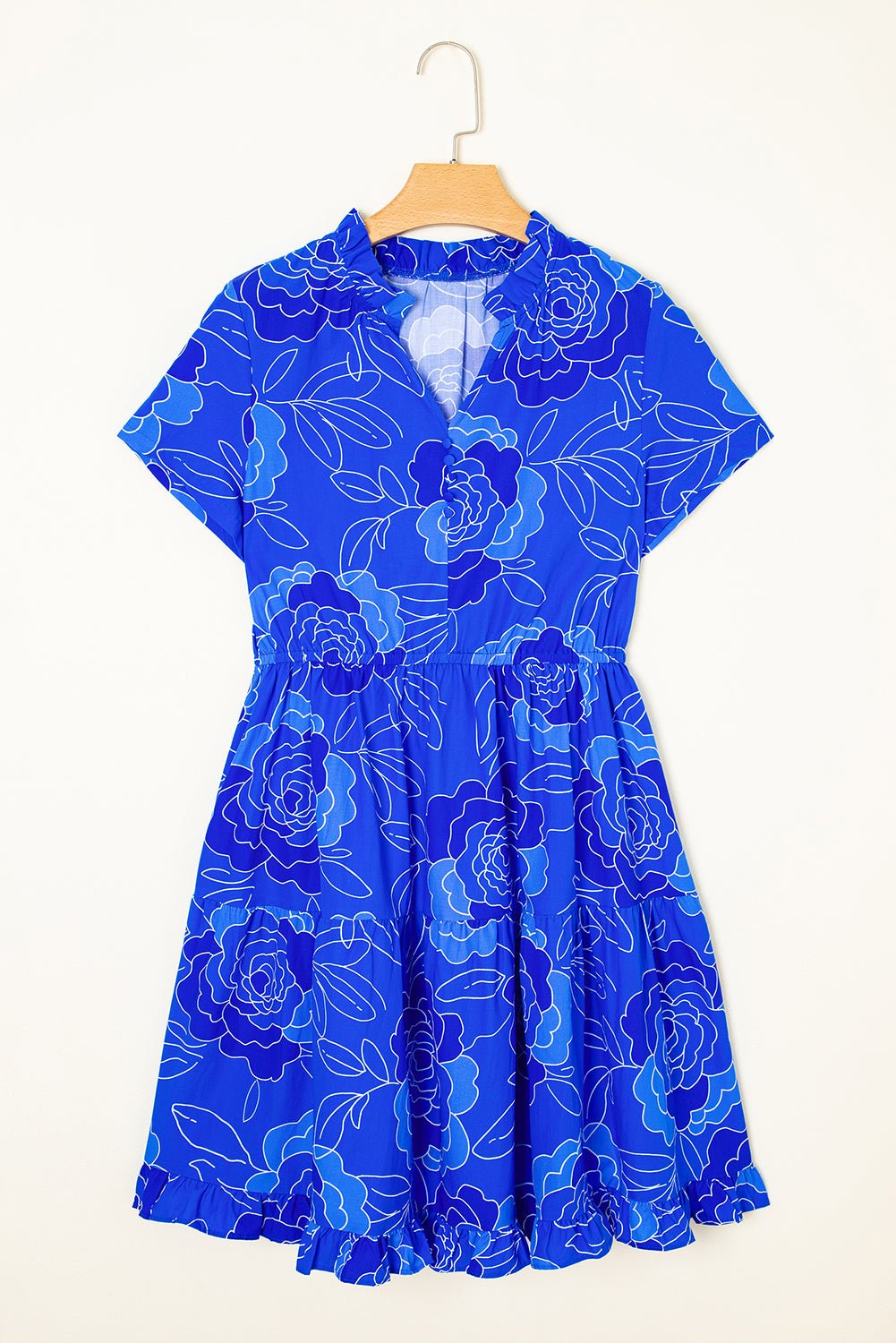 Blue Floral Print Ruffle Hem V Neck Flowy Mini Dress - MAD RUFFI