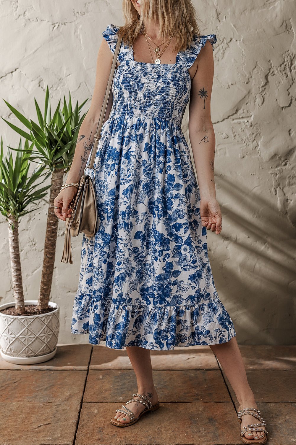 Blue Floral Print Ruffle Strap Square Neck Smocked Bodice Midi Dress - MAD RUFFI