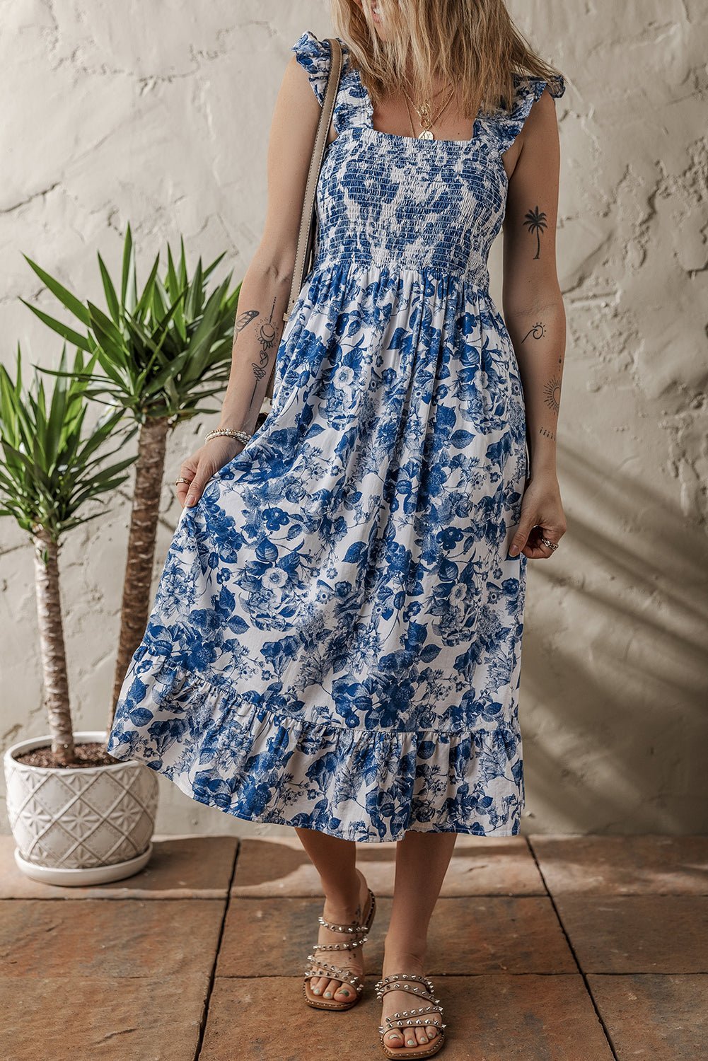 Blue Floral Print Ruffle Strap Square Neck Smocked Bodice Midi Dress - MAD RUFFI