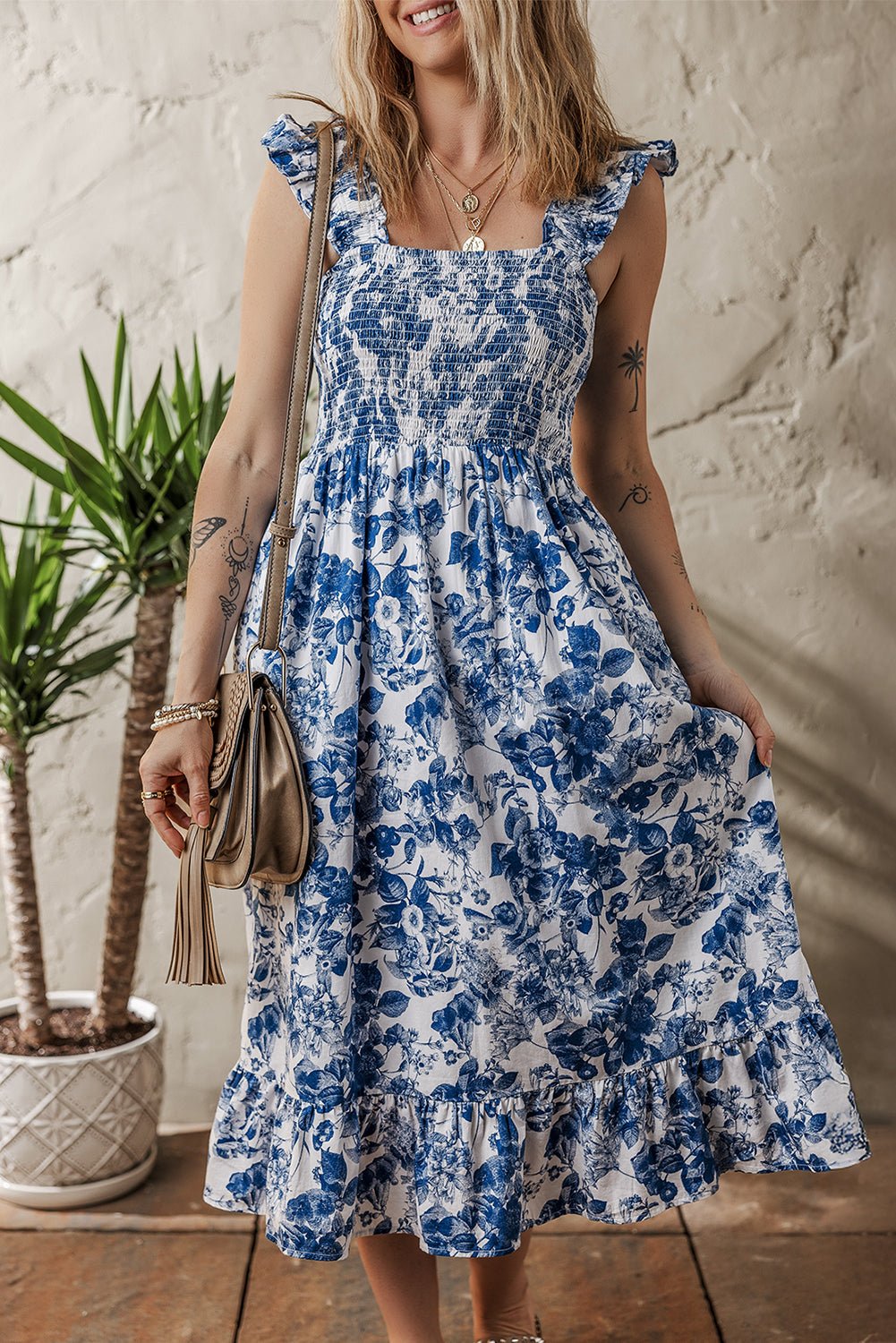 Blue Floral Print Ruffle Strap Square Neck Smocked Bodice Midi Dress - MAD RUFFI