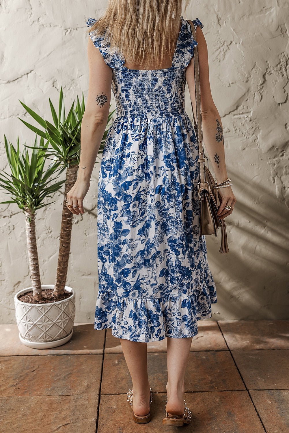 Blue Floral Print Ruffle Strap Square Neck Smocked Bodice Midi Dress - MAD RUFFI