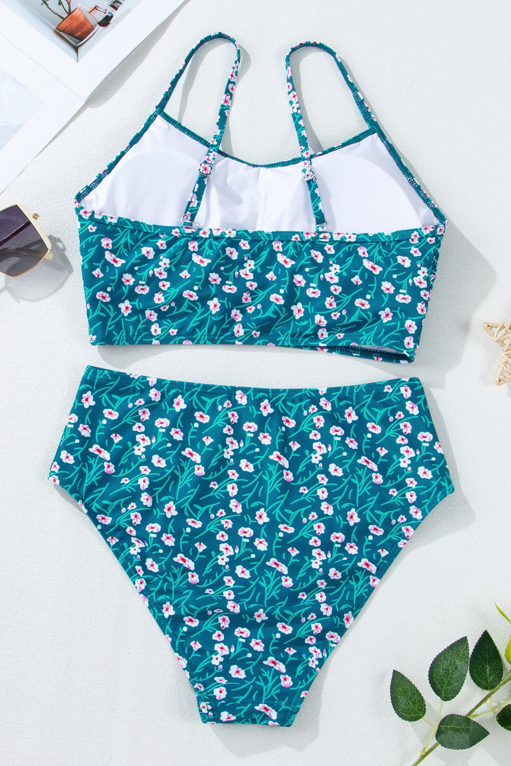 Blue Floral Print Smocked Cute Bikini Set - MAD RUFFI