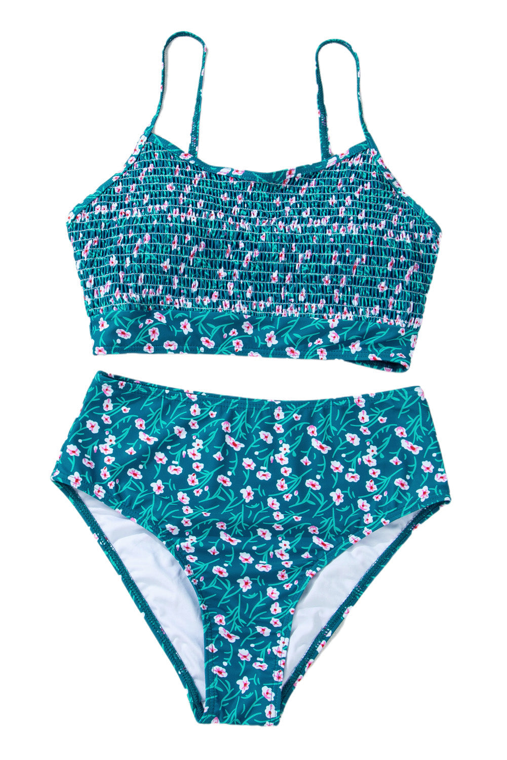 Blue Floral Print Smocked Cute Bikini Set - MAD RUFFI