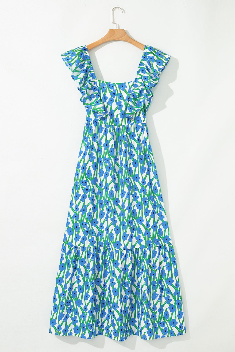 Blue Floral Print Square Neck Ruffled Strap Maxi Dress - MAD RUFFI