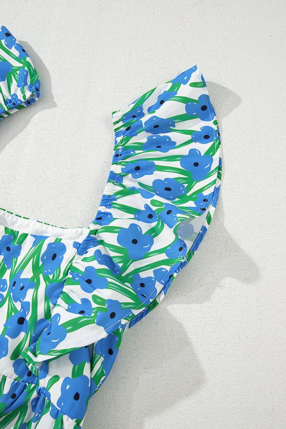 Blue Floral Print Square Neck Ruffled Strap Maxi Dress - MAD RUFFI