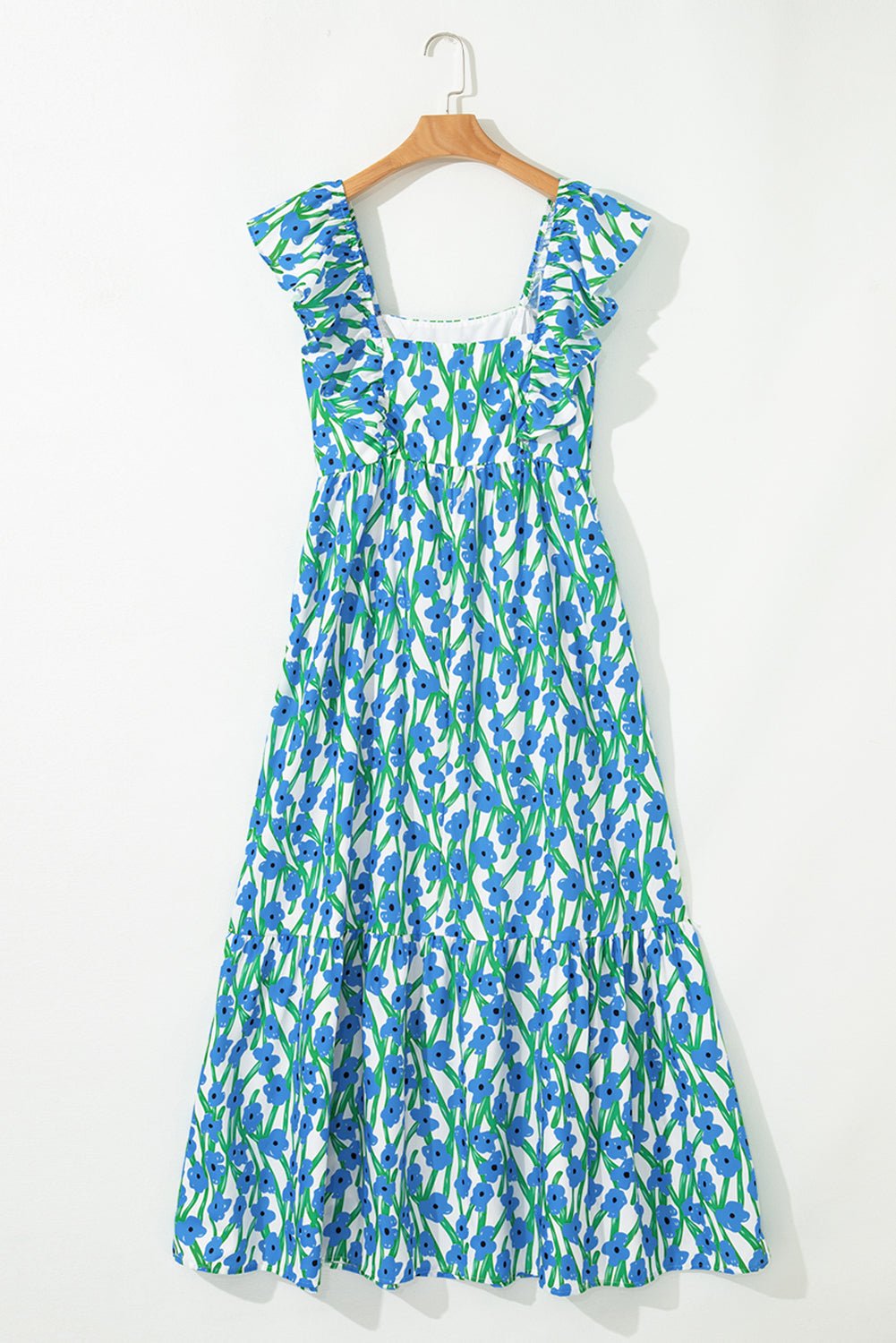 Blue Floral Print Square Neck Ruffled Strap Maxi Dress - MAD RUFFI