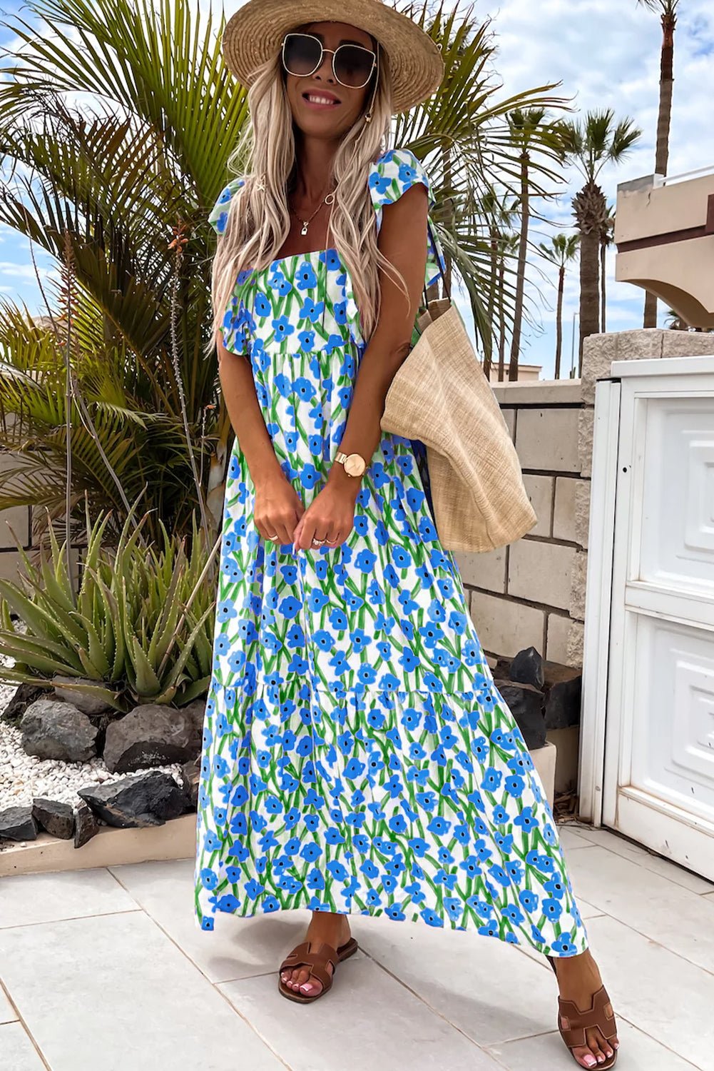 Blue Floral Print Square Neck Ruffled Strap Maxi Dress - MAD RUFFI