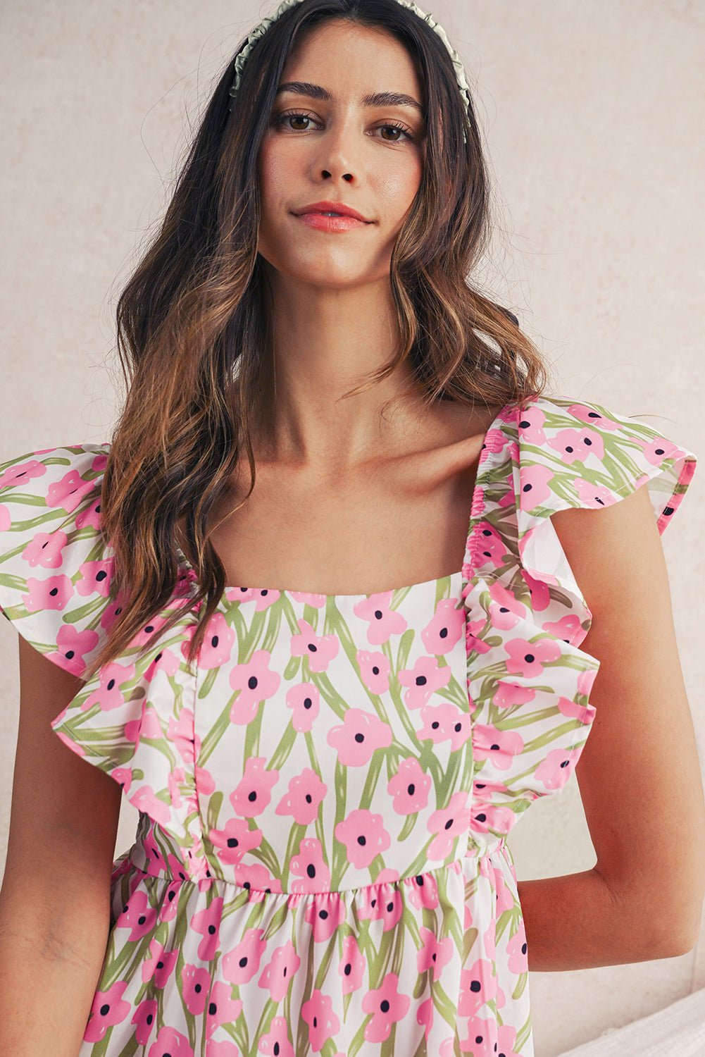 Blue Floral Print Square Neck Ruffled Strap Maxi Dress - MAD RUFFI