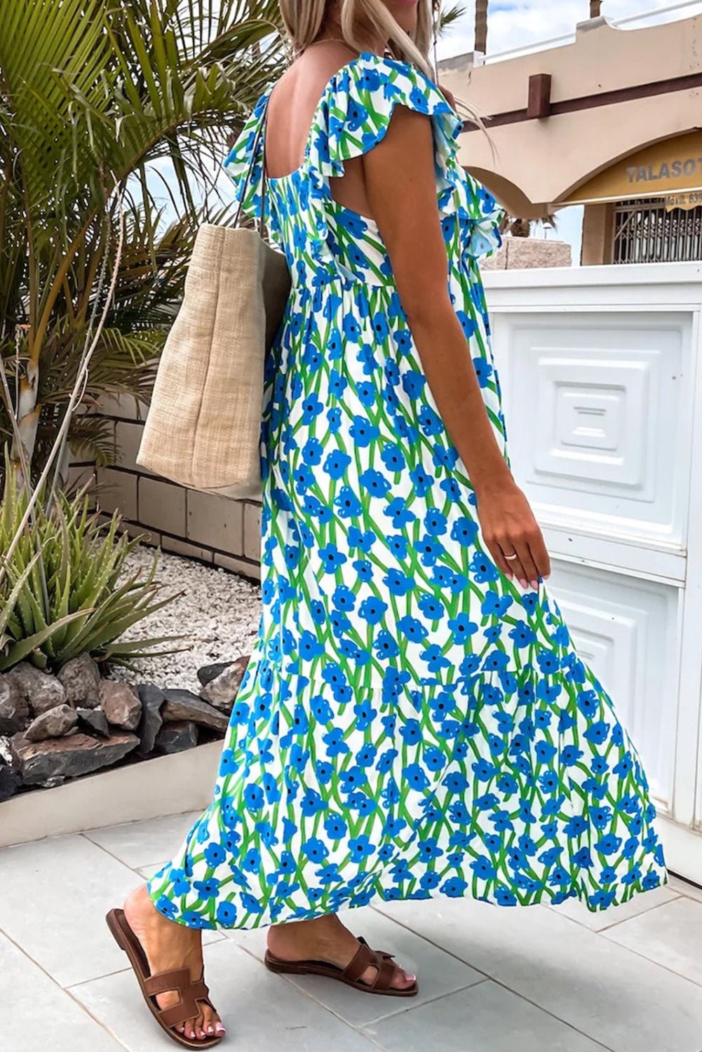Blue Floral Print Square Neck Ruffled Strap Maxi Dress - MAD RUFFI