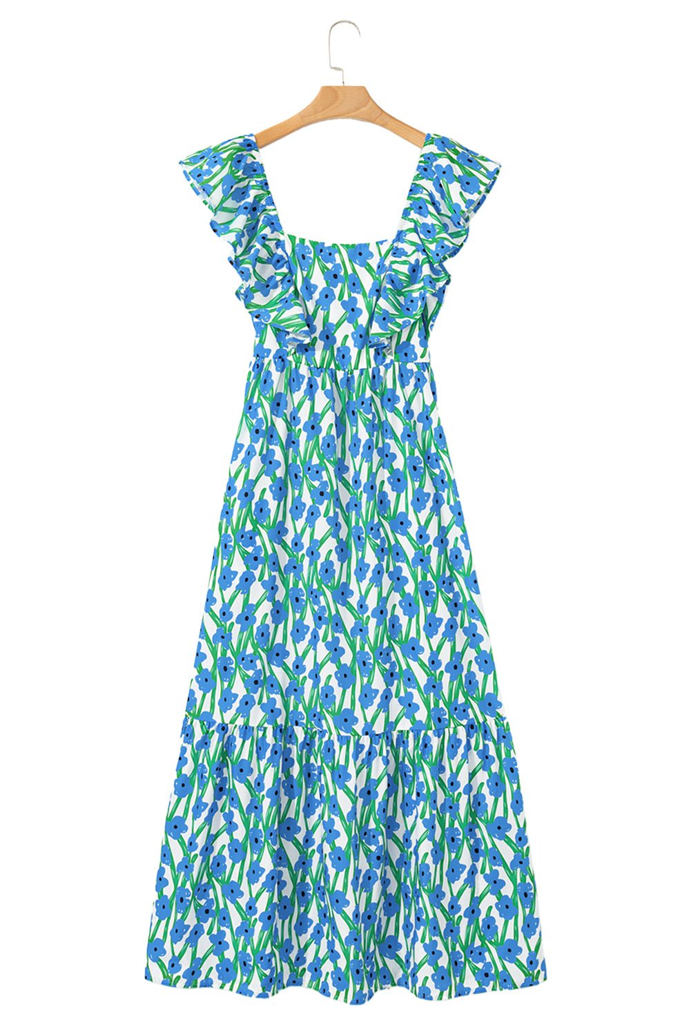 Blue Floral Print Square Neck Ruffled Strap Maxi Dress - MAD RUFFI