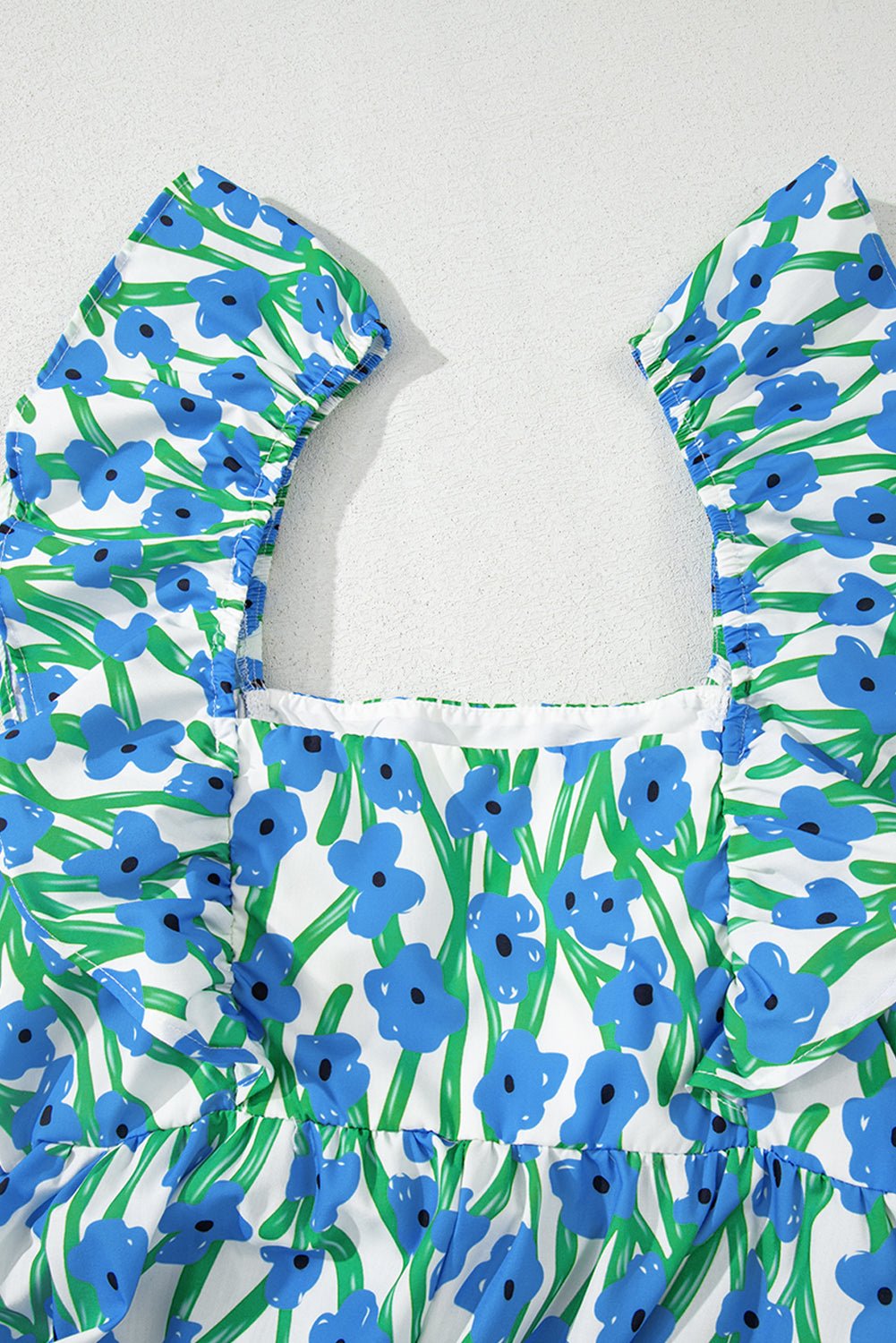 Blue Floral Print Square Neck Ruffled Strap Maxi Dress - MAD RUFFI