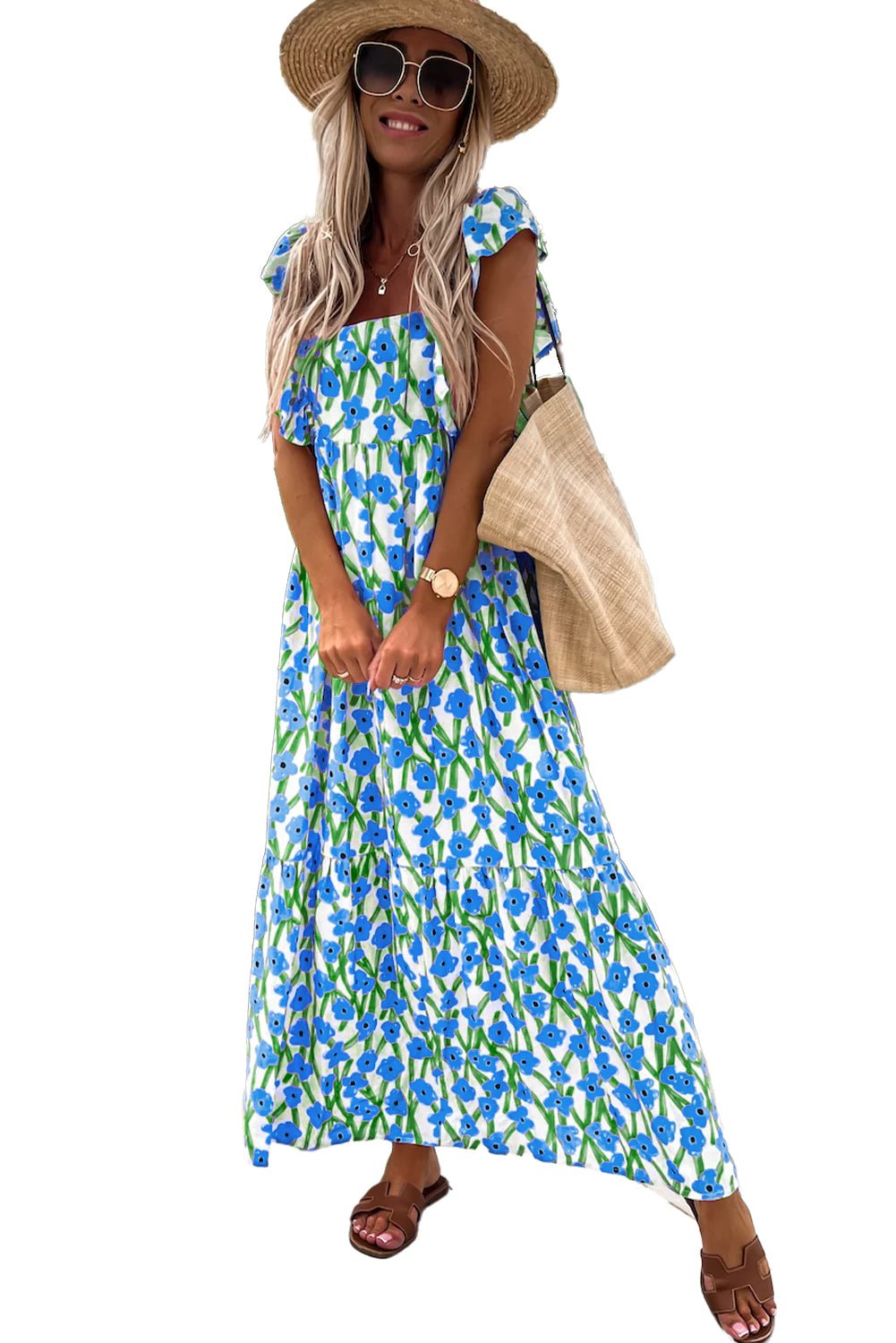 Blue Floral Print Square Neck Ruffled Strap Maxi Dress - MAD RUFFI
