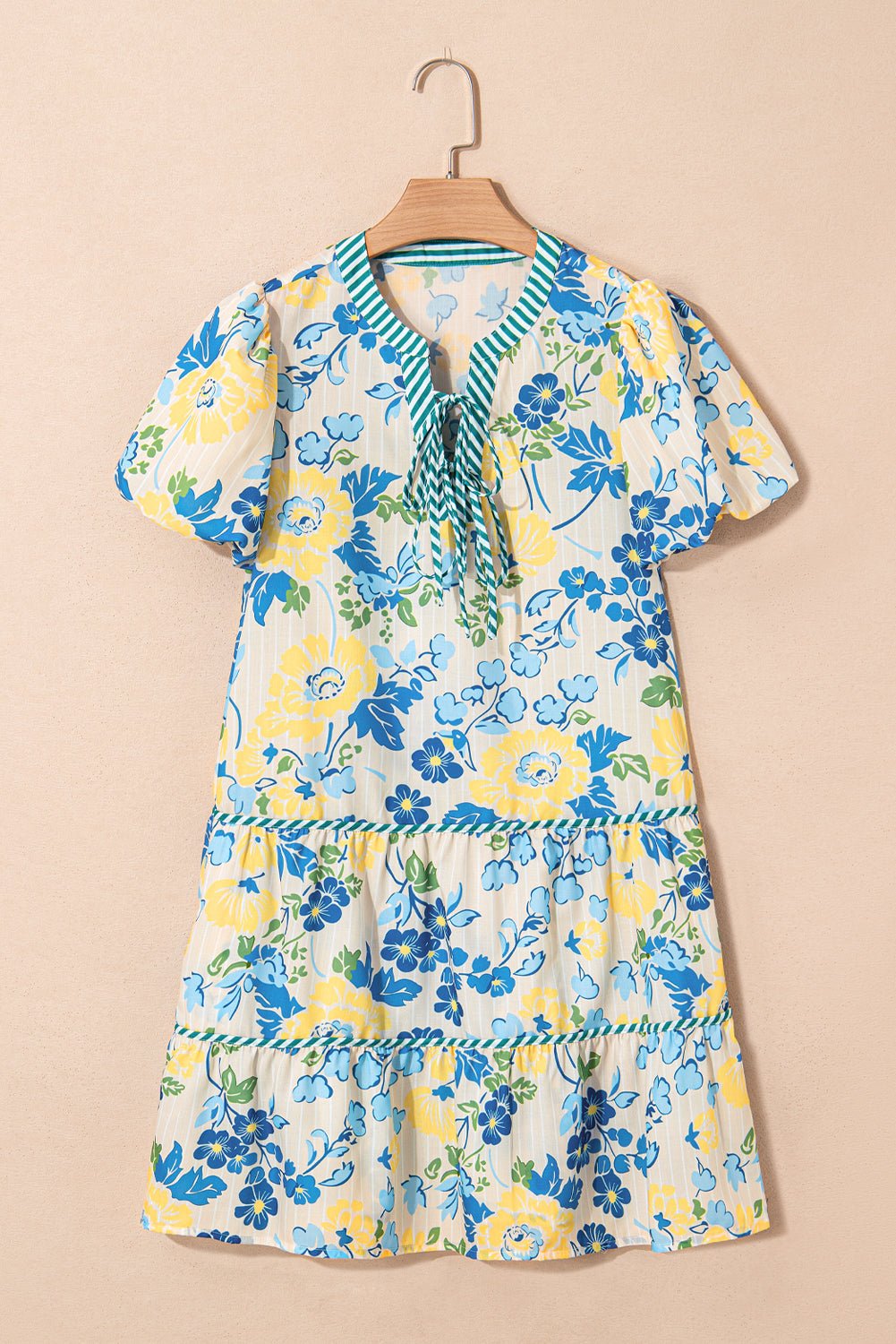 Blue Floral Print Striped Trim Puff Sleeve Mini Dress - MAD RUFFI
