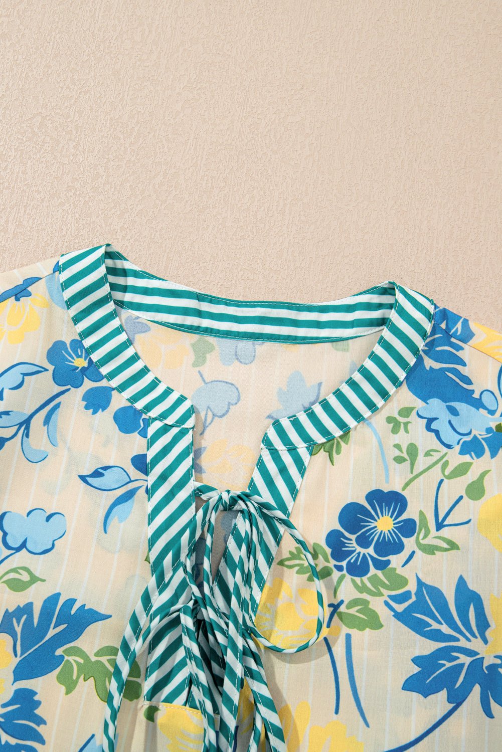 Blue Floral Print Striped Trim Puff Sleeve Mini Dress - MAD RUFFI