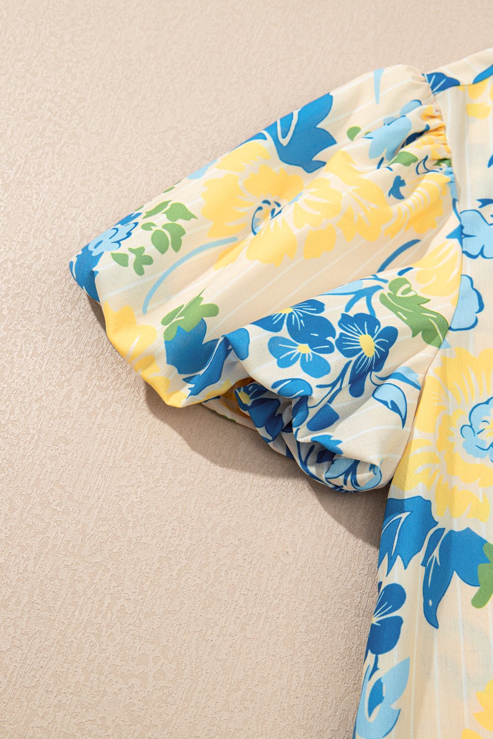 Blue Floral Print Striped Trim Puff Sleeve Mini Dress - MAD RUFFI