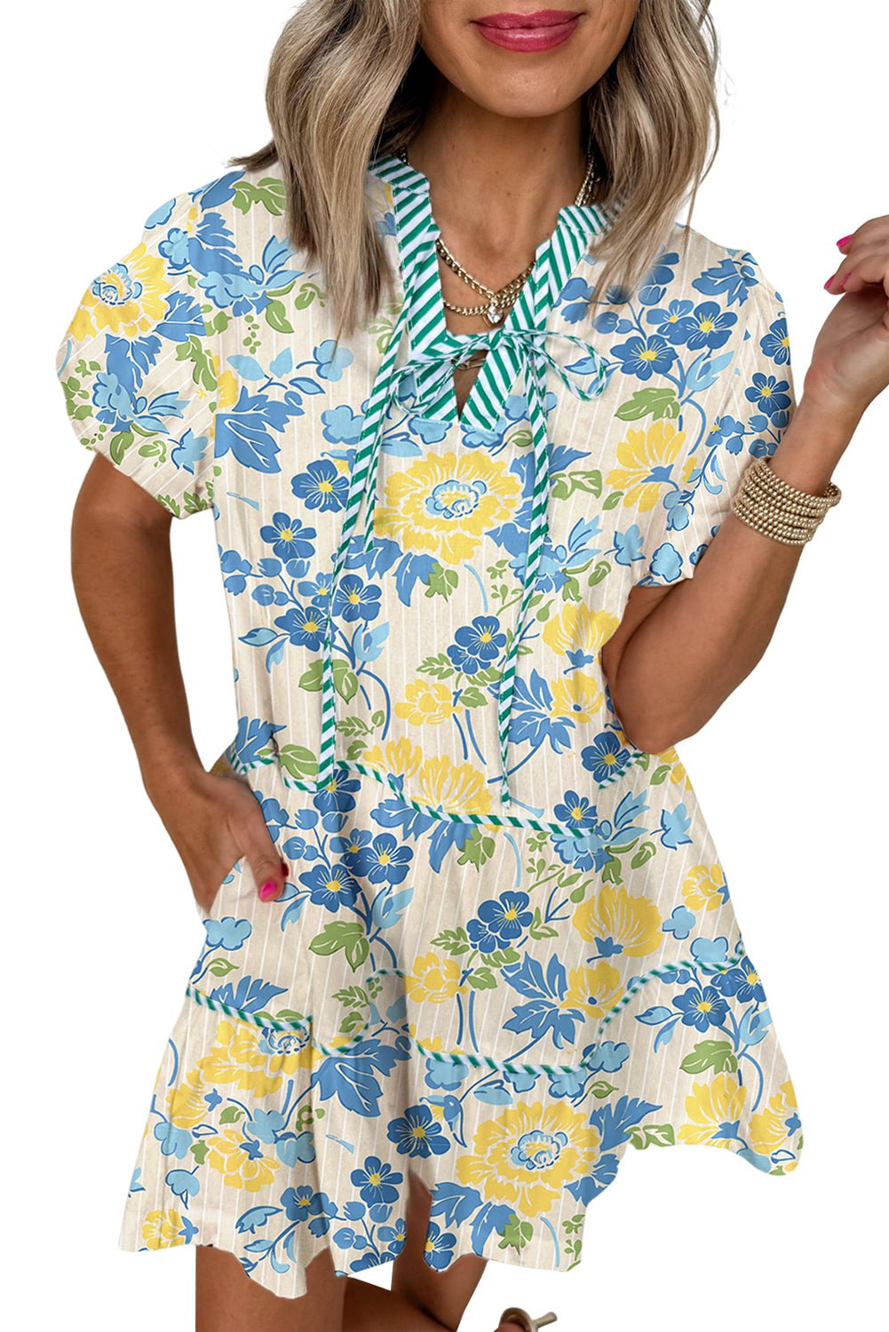 Blue Floral Print Striped Trim Puff Sleeve Mini Dress - MAD RUFFI