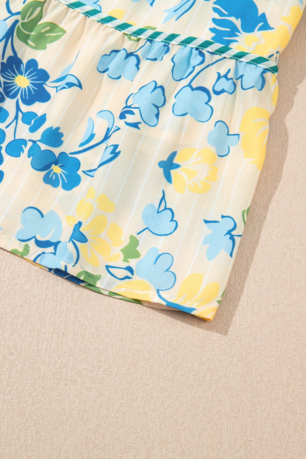 Blue Floral Print Striped Trim Puff Sleeve Mini Dress - MAD RUFFI