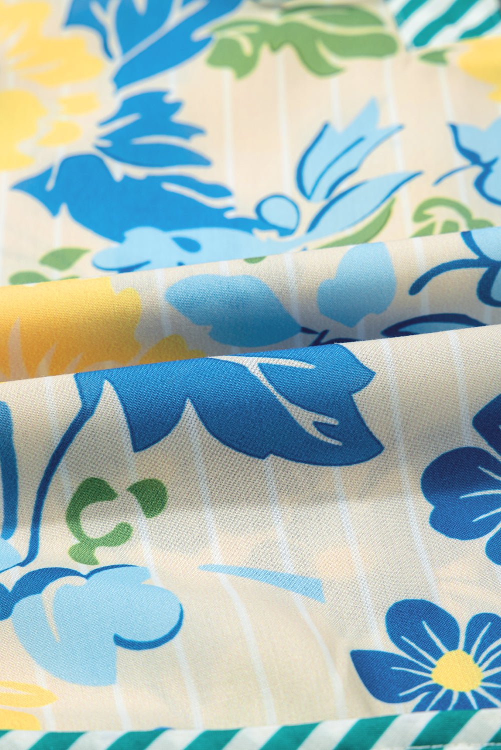 Blue Floral Print Striped Trim Puff Sleeve Mini Dress - MAD RUFFI