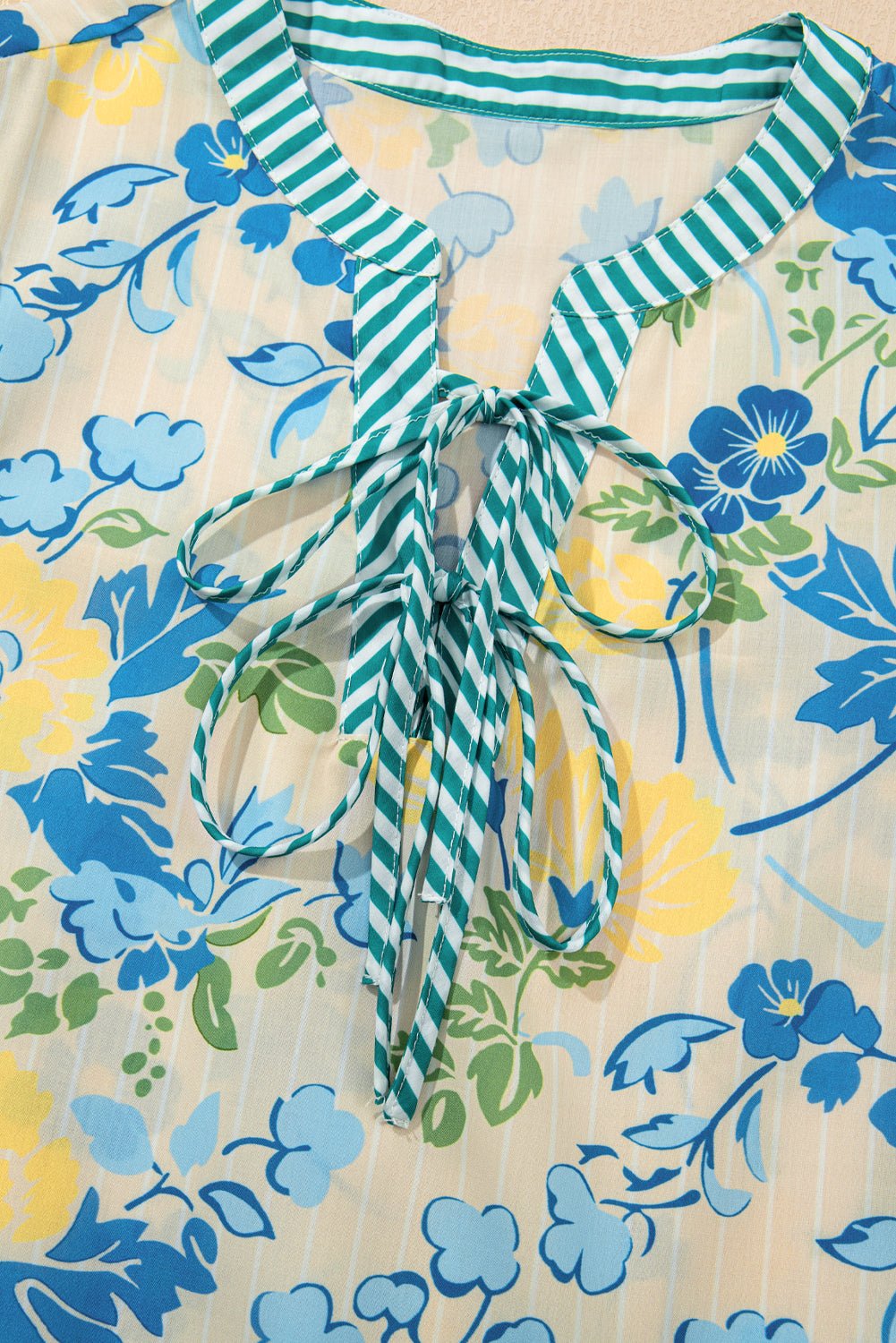 Blue Floral Print Striped Trim Puff Sleeve Mini Dress - MAD RUFFI