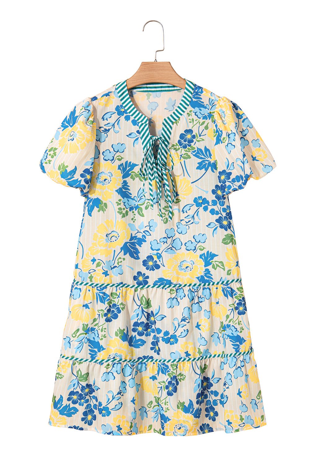 Blue Floral Print Striped Trim Puff Sleeve Mini Dress - MAD RUFFI