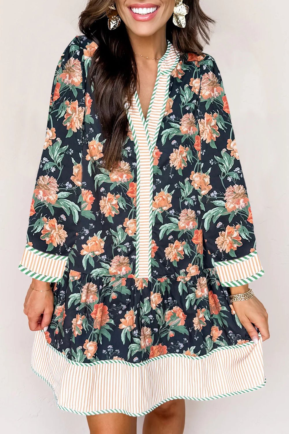 Blue Floral Print Striped Trim V Neck Long Sleeve Ruffle Hem Shift Mini Dress - MAD RUFFI