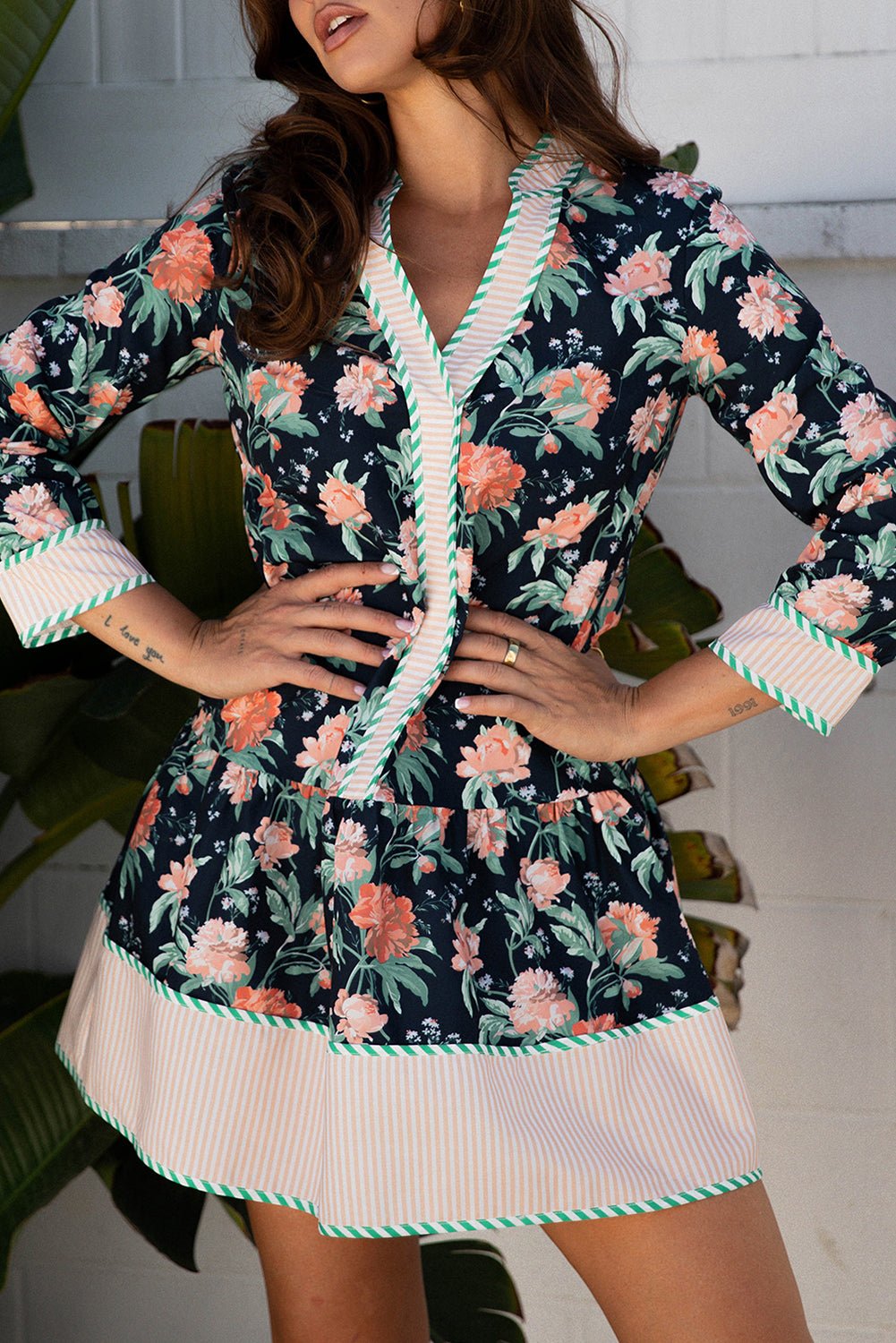 Blue Floral Print Striped Trim V Neck Long Sleeve Ruffle Hem Shift Mini Dress - MAD RUFFI