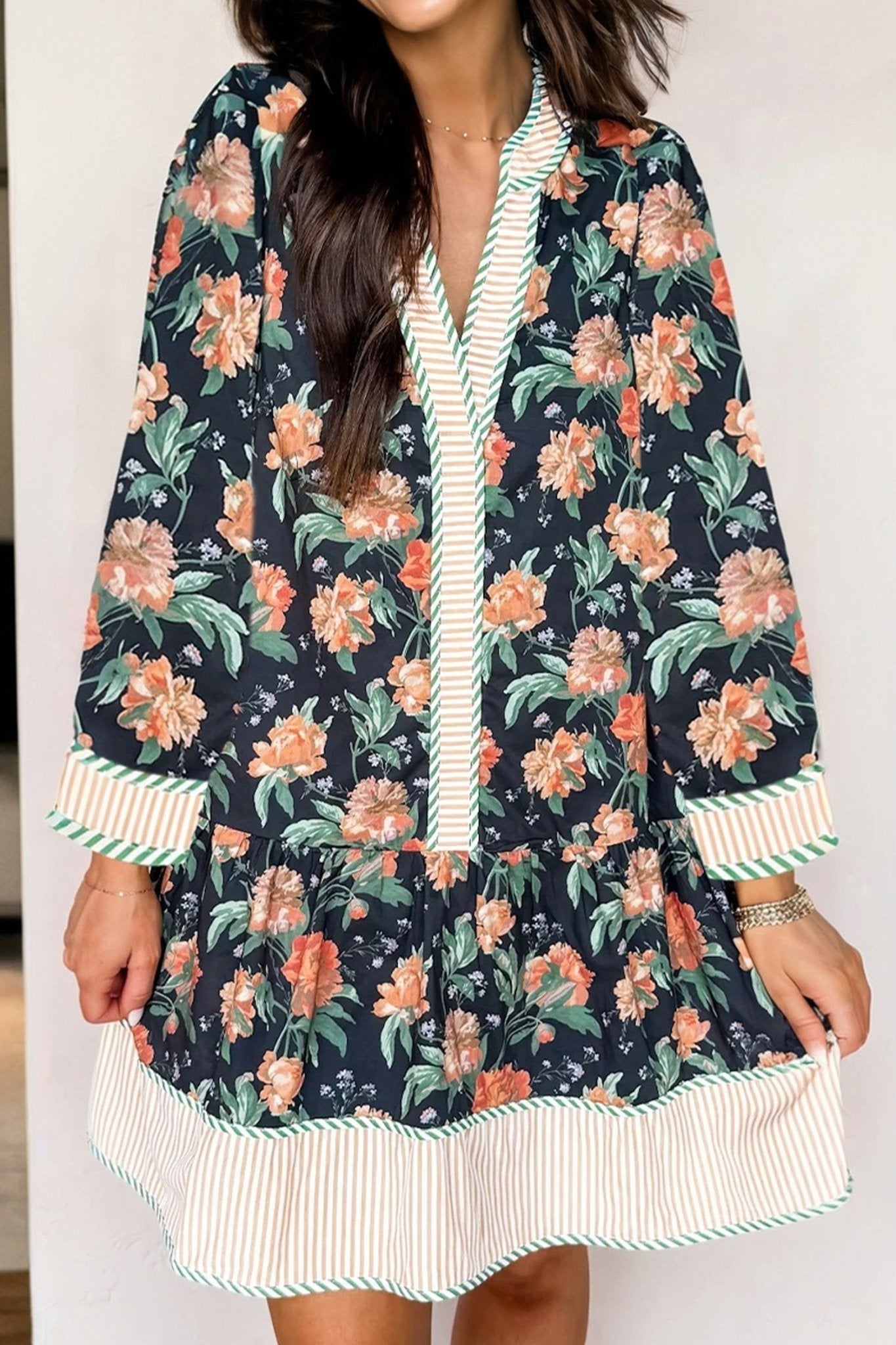 Blue Floral Print Striped Trim V Neck Long Sleeve Ruffle Hem Shift Mini Dress - MAD RUFFI